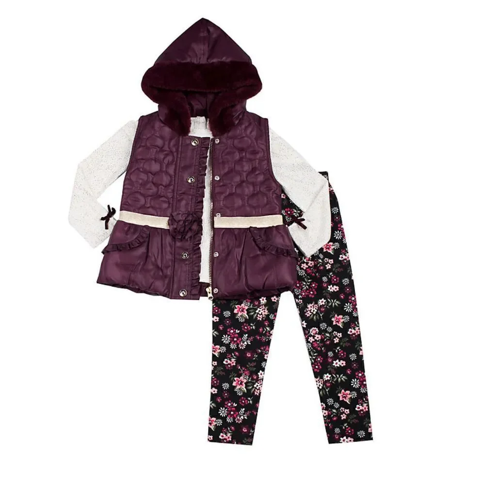 LITTLE LASS GIRL’S SIZE 4 METALLIC SHINE PUFFER VEST, TEE & FLORAL LEGGINGS 3-PC - Picture 5 of 5